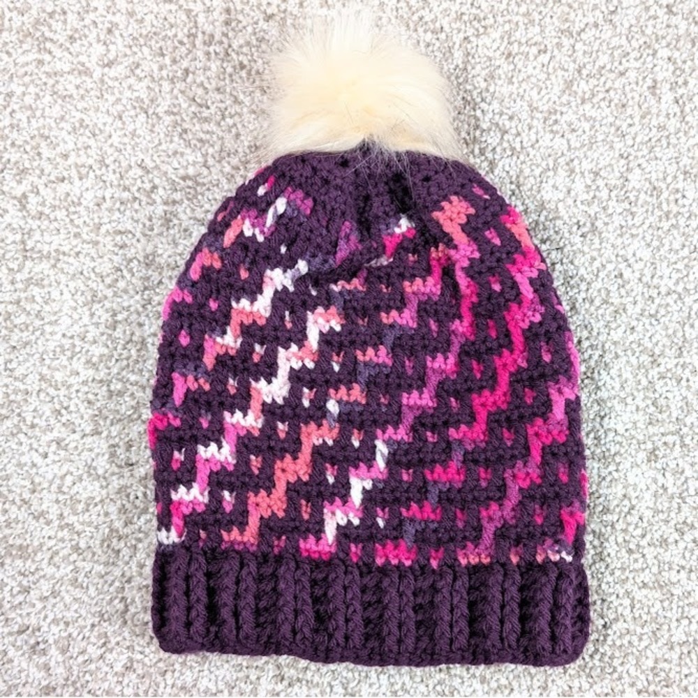 Womens Crochet Pom Beanie‎ Hat Purple Pink White Geometric Pattern Cozy Winter
